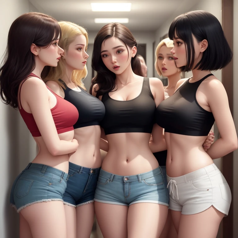 a room full of beautiful women standing in a straight line, staring emotionlessly ahead, big breasts, small waists, shorts, crop tops, cute