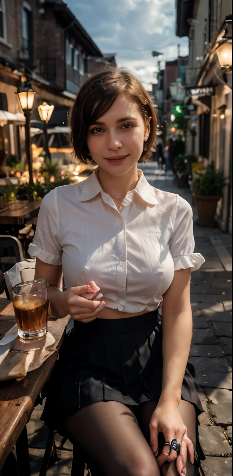 (8k, RAW photo, best quality, masterpiece:1.2), (realistic, photo-realistic:1.37), ultra-detailed, 1 girl,cute, solo,beautiful detailed sky,detailed cafe,night,sitting,dating,(nose blush),(smile:1.1),(closed mouth),large breasts, pantyhose, large aparture, professional lighting, Sony A7R4, Zessie 50mm F1.8, medium breasts,beautiful detailed eyes,(collared shirt:1.1), bowtie, pleated skirt,(short hair:1.2),floating hair