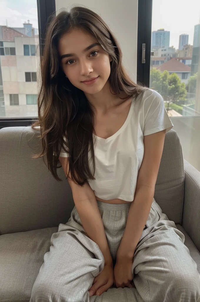 Masterpiece, textured skin, super detail, high details, high quality, 8k ((highest quality、10、master-piece:1.3))、crisp focus:1.2、Beautiful girl in perfect style:1.4、(Soft natural light、 (perfect smile 1.3), beautifull eyes 1.2, 1girl, (sitting on chair in her room), (((flat chest 1.2 ))) long hair 1.4, style top 1.5 , wearing a harem pants, perfect skirt1.2, (( T-shirt 1.6)) wearing a cot, (looking at window 1.1), location in room 1.2, (( girl 1.7)) skinny body 1.3, slim body 1.4, 1.4. perfect 5 figures 1.3,night time, perfect lighting 1.4.