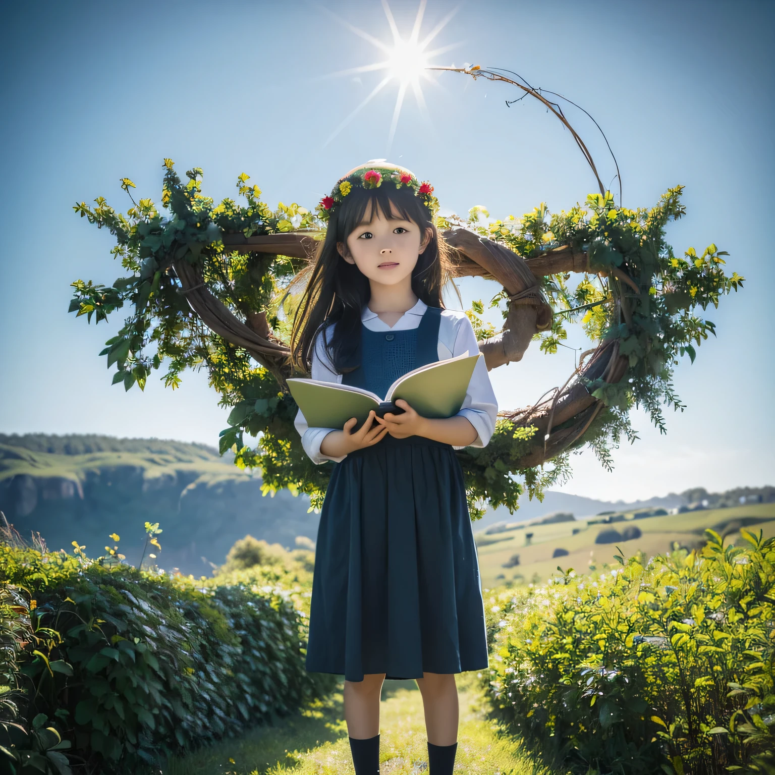 Hands holding an open book,Symbolizes knowledge, There is a card version of a child standing on the book,The green wreath surrounds the entire picture,With a blue sky as a backdrop.