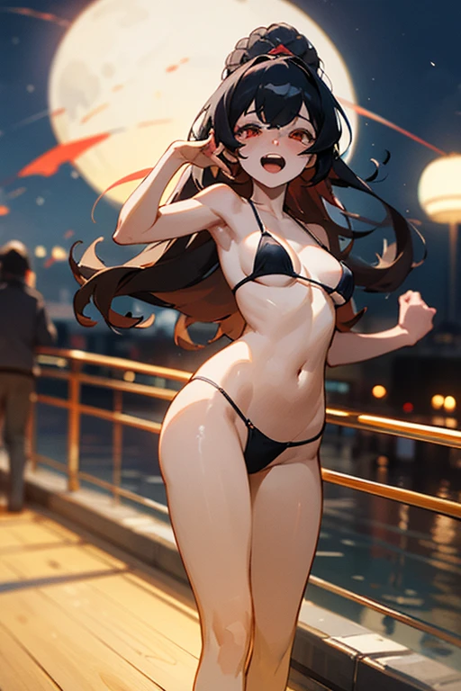 ((mejor calidad)), ((Obra maestra)), (detallado), cara perfecta, Joven de cabello negro largo y lacio, ojos rojos, pale skin, asian factions, 19 years, esbelta, busto mediano, bonitas curvas, estilo anime, elegante, only character in the image, red eyes, waiting for you, cute face, sexy, in love with the viewer, in night club, club, night, black hair, drunked, orgasm face, horny, micro bikini, on drugs