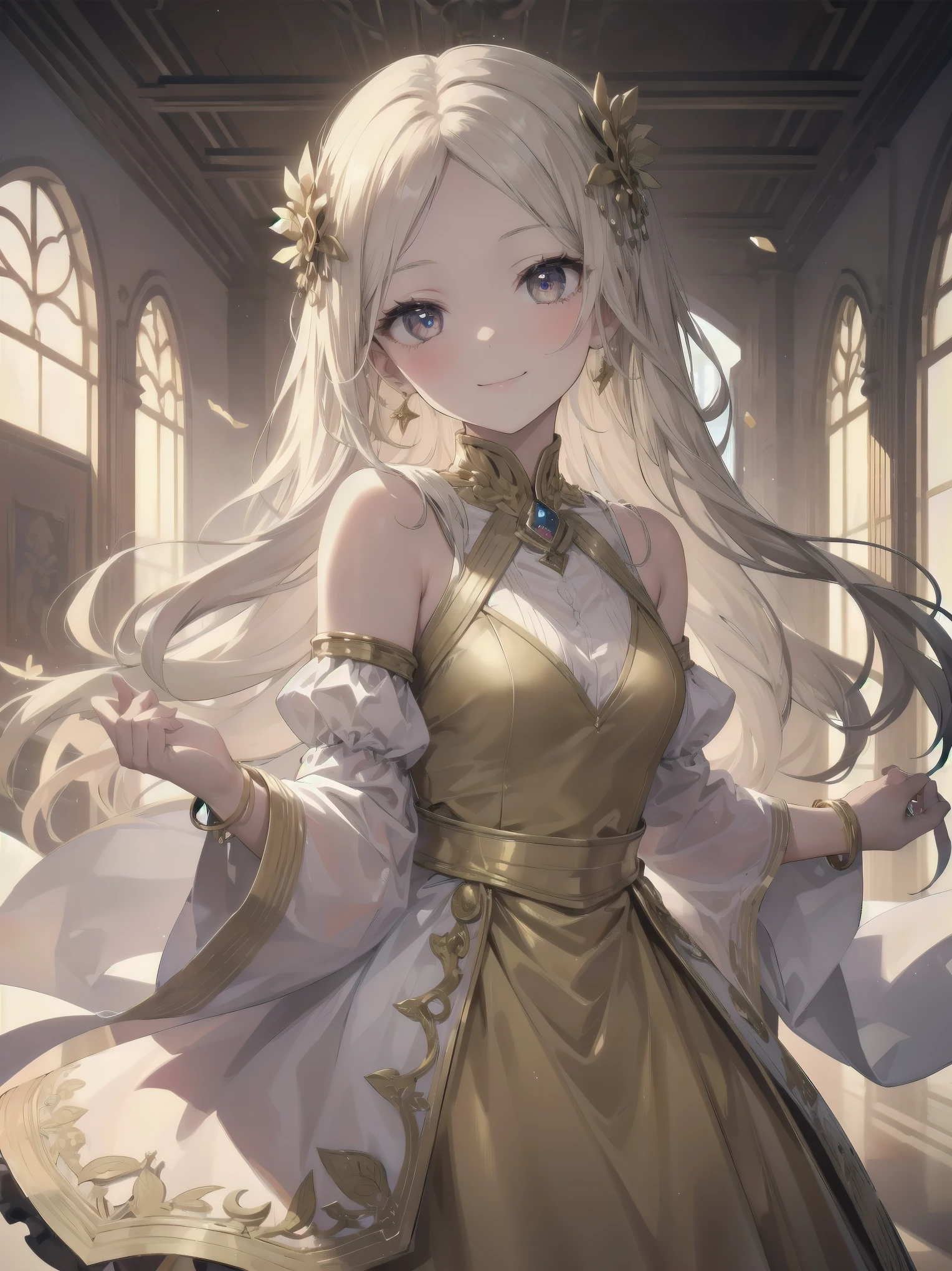 1girl, 11 years old, smile, looking at viewer, solo, gold dress, jewelry, bracelet, earring, detached sleeves, forehead, long hair, palace