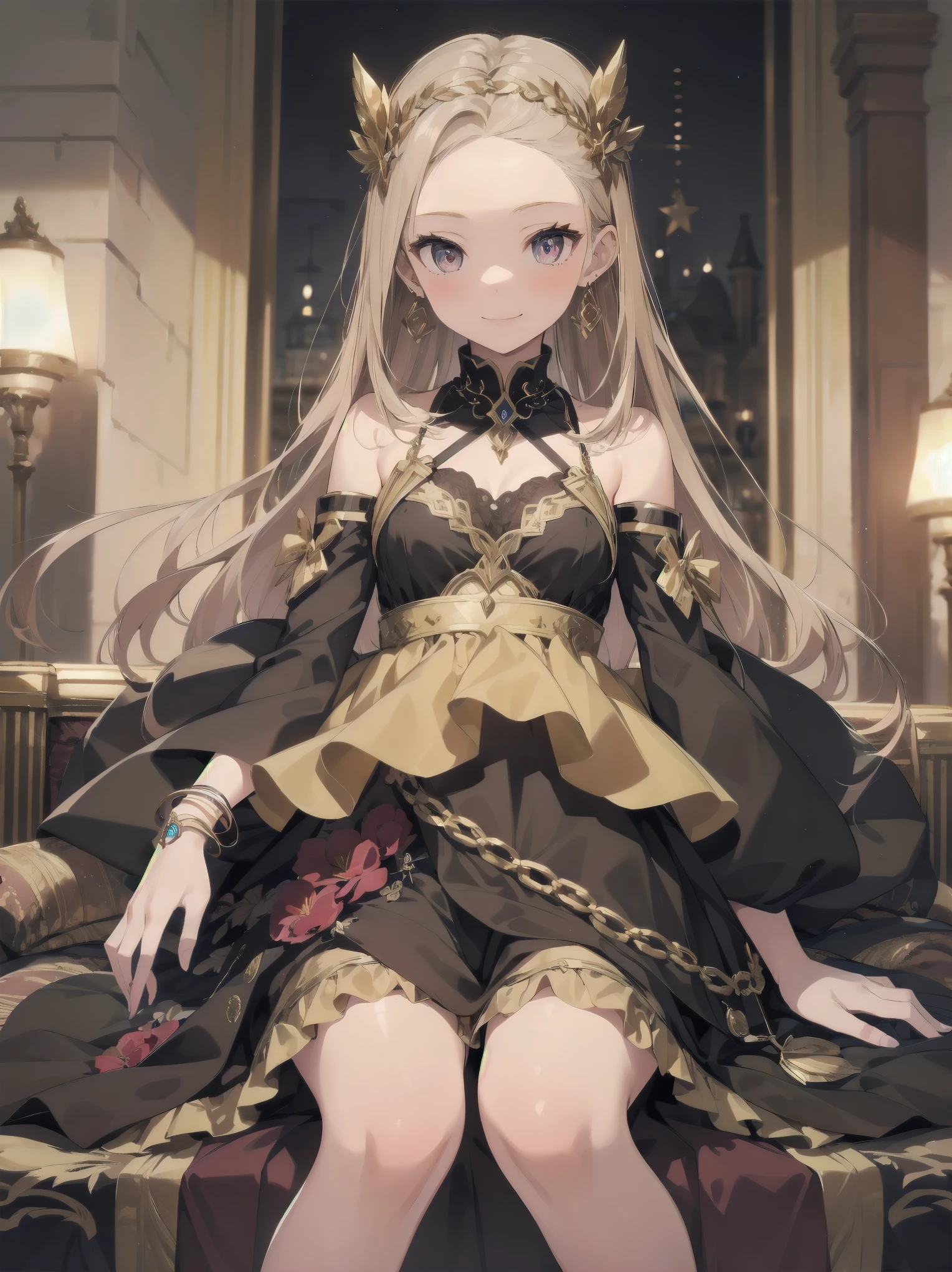 1girl, 11 years old, smile, looking at viewer, solo, gold dress, jewelry, bracelet, earring, detached sleeves, forehead, long hair, palace