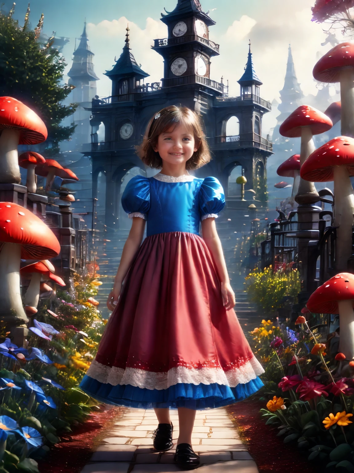 a 5--old l,ailisi,solo,looking at viewer,smile,short hair,red dress,brown eyes,standing,flower,short sleeves,outdoors,sky,shoes,puffy sleeves,tree,puffy short sleeves,red dress,building,scenery,blue footwear,clock,mushroom,castle,tower,clock tower,fog,(black hair:1.2),depth of field,