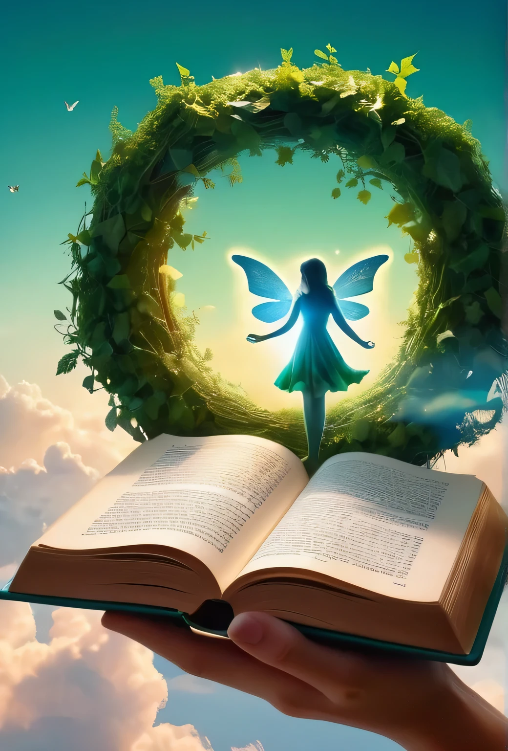 Surreal digital art style, "fairy tale", Fantasy world comes out of the centered book, Opening the book, Super detailed double exposure fantasy illustration, ,Photorealism, Backlight, Gorgeous lighting，Hands holding an open book，Symbolizes knowledge, There is a card version of a child standing on the book，The green wreath surrounds the entire picture，With a blue sky as a backdrop.