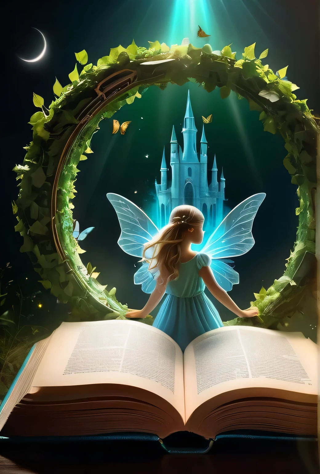 Surreal digital art style, "fairy tale", Fantasy world comes out of the centered book, Opening the book, Super detailed double exposure fantasy illustration, ,Photorealism, Backlight, Gorgeous lighting，Hands holding an open book，Symbolizes knowledge, There is a card version of a child standing on the book，The green wreath surrounds the entire picture，With a blue sky as a backdrop.