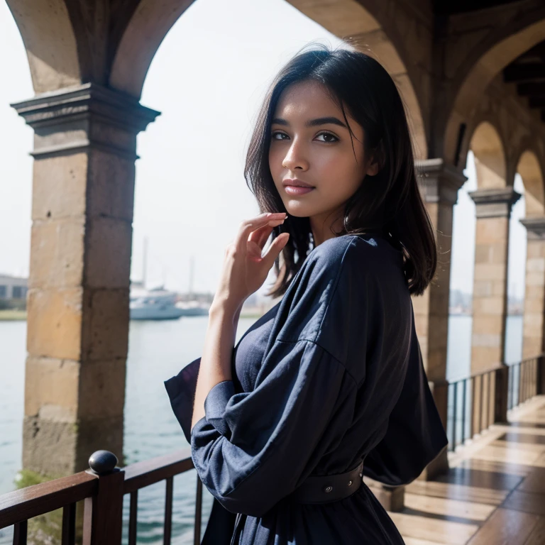 Une belle fille canarienne souriante dans une robe indigo, influenceur Instagram, Chaud sur CANON R5, muelle 85 mm, Photo shoot, profondeur de champ, incredibly detailed complex, Hyper maximaliste, elegant, hyperréaliste, super detailed, dynamique pose, Center, Directeur de la photographie, natural light, dynamique, Very detailed, sharpness