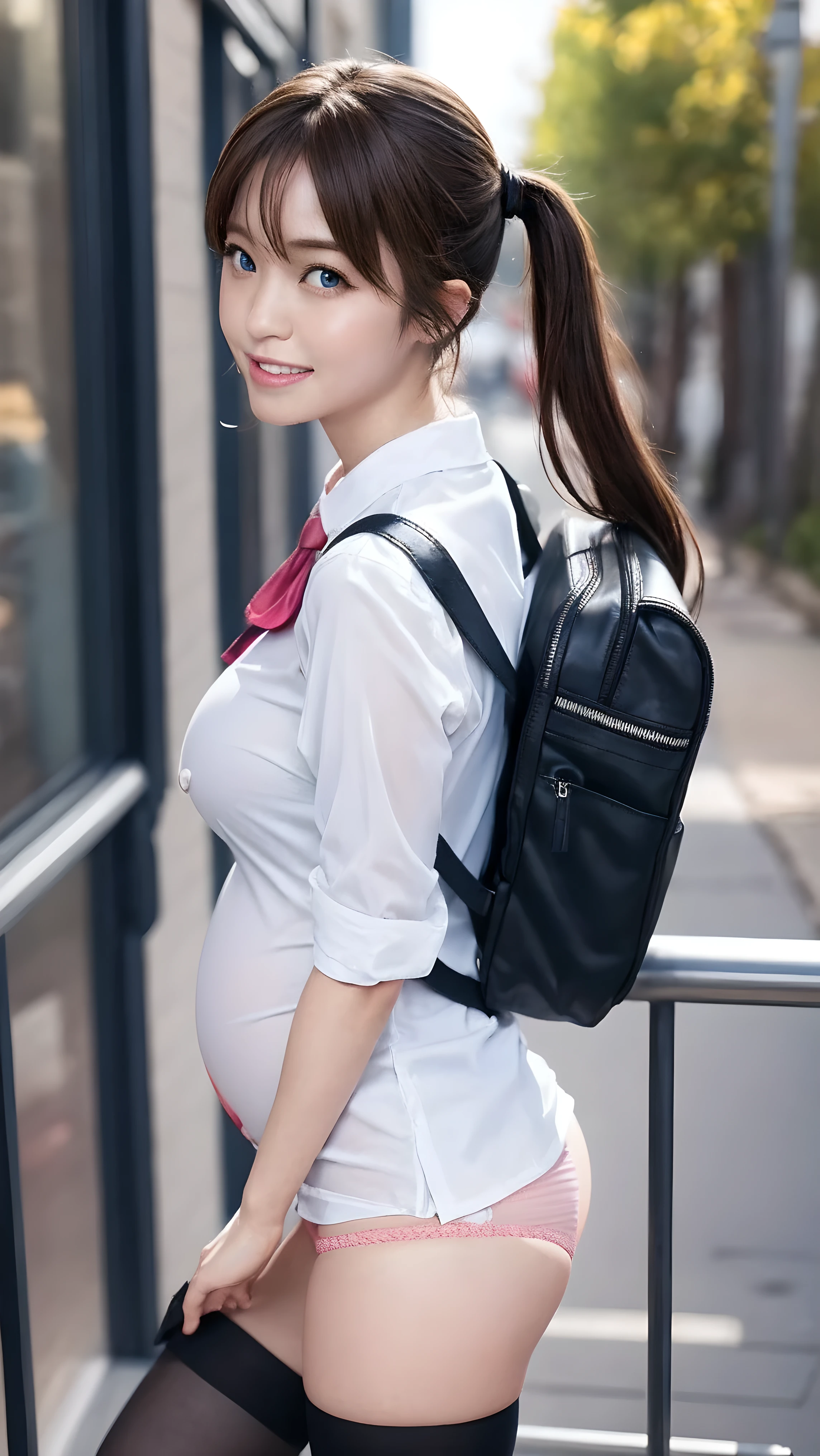 akizuki airi. oni chichi, masterpiece, best quality, super detailed, illustration, flat color, depth of field, , , 1 girl, young, anime, going home, full-length, blonde, twintails, looking at the viewer, red pleated miniskirt, wet white button-down shirt, , serafuku, blue tie, no bra, black tights, small backpack, detailed leather texture, detailed fabric texture, beautiful detailed face, big breasts, blue eyes, pregnant, tired, light smile, pink panties