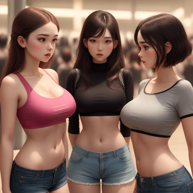 a room full of beautiful women standing in a line, staring emotionlessly ahead, big breasts, small waists, shorts, crop tops, cute