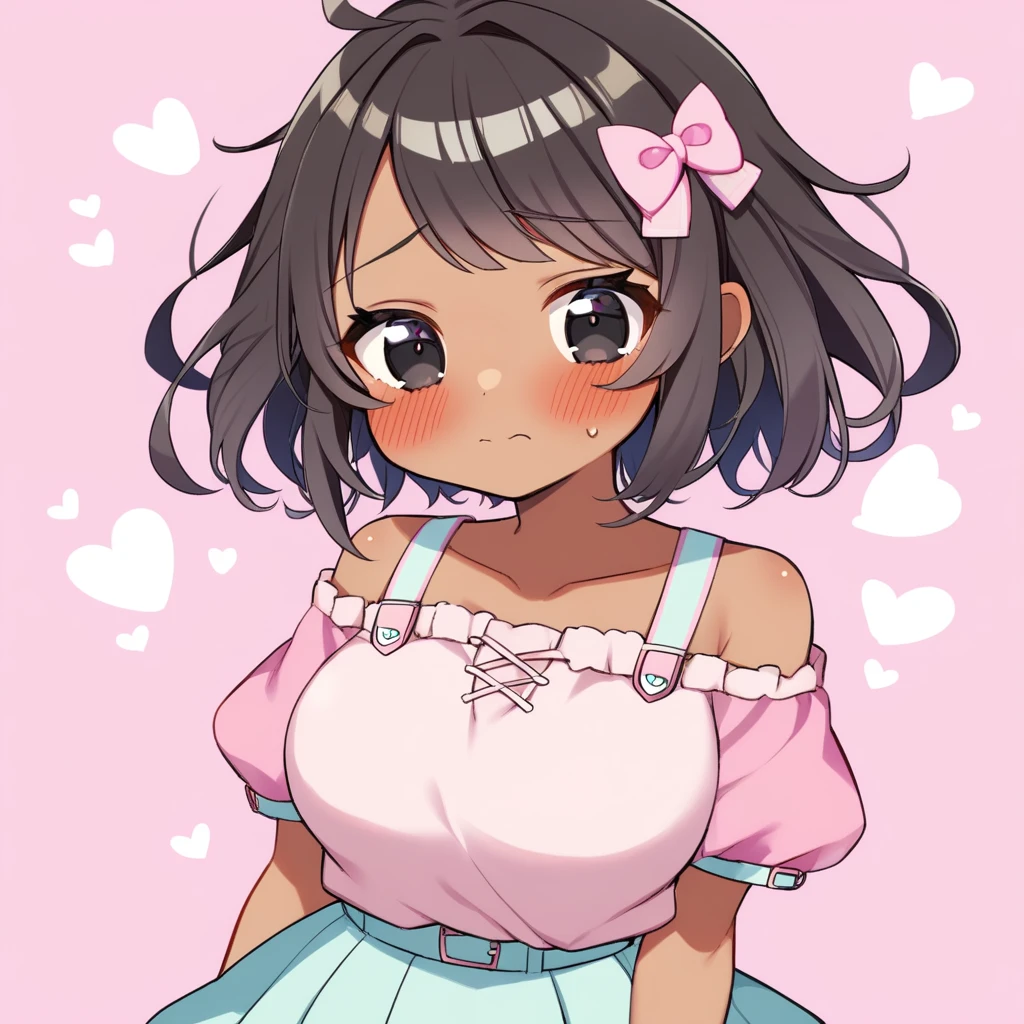 1 girl, dark skin, cute girl, attractive girl, shy, embarrassed, skirt, black eyes and black hair, shoulder length hair, messy hair, average breasts, wearing cute clothes, pink clothes, pastel clothes, cute hair pins, pastel accessories, adorable girl, loving girl, chubby