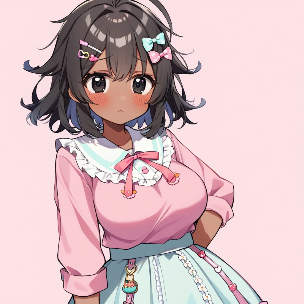 1 girl, dark skin, cute girl, attractive girl, shy, embarrassed, skirt, black eyes and black hair, shoulder length hair, messy hair, average breasts, wearing cute clothes, pink clothes, pastel clothes, cute hair pins, pastel accessories, adorable girl, loving girl, chubby
