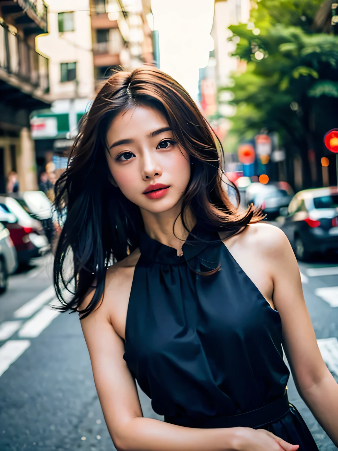 Woman posing seductive on street corner, highest quality, High resolution, 8k, One people&#39;s girl, Outdoor, (street: 0.8), (people々, crowd: 1), Sleeveless dress, Black Dress: 1.5), Gorgeous Hair), (Dynamic pose: 0.8), (Upper Body: 1.2), Soft lighting, Wind, Glowing Skin, sight,