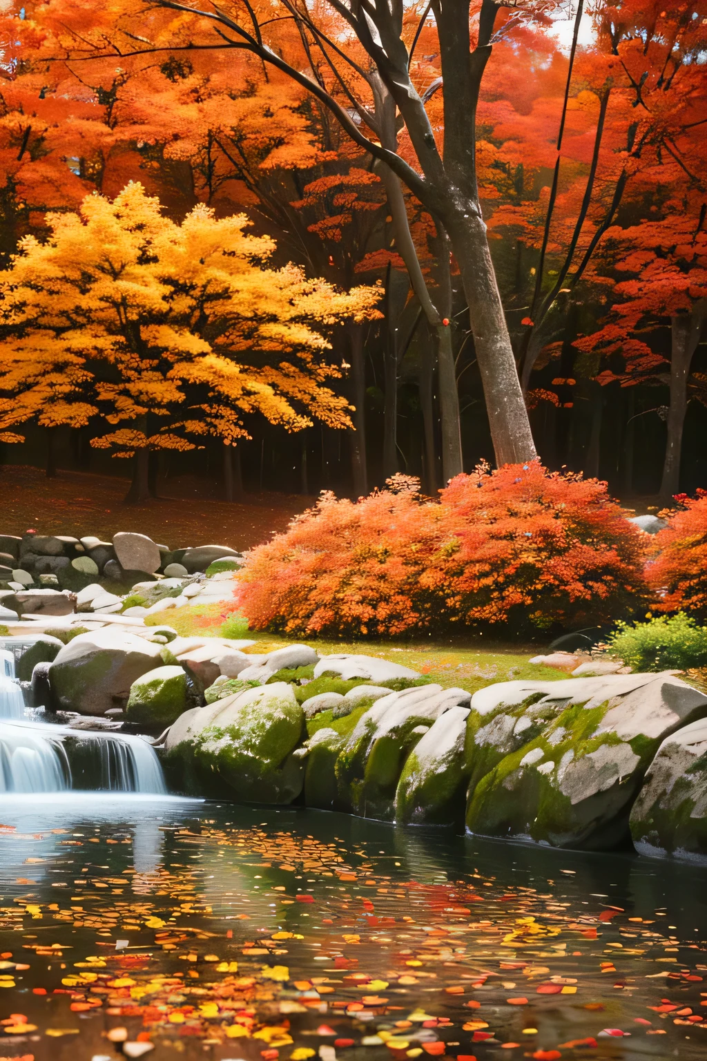 (best quality,4k,8k,highres,masterpiece:1.2),ultra-detailed,(realistic,photorealistic,photo-realistic:1.37),fall,Autumn,beautiful detailed leaves,slight breeze,colorful foliage,gentle sunlight,crisp air,rustling sound of leaves,falling leaves swirling in the wind,leaves carpeting the ground,gorgeous golden hues,bright orange and red tones,faint scent of earth and nature,fading green grass,tranquil park,peaceful atmosphere,trees with changing colors,falling acorns,sqirrels gathering food for winter,tranquil water reflecting autumn colors,shadows on the ground from tree branches,autumn landscape with a winding path,vibrant and warm color palette,capturing the beauty of nature in its transition,blending realism and artistic vision,capturing the essence of autumn in a still image,vivid colors that evoke a sense of nostalgia.
