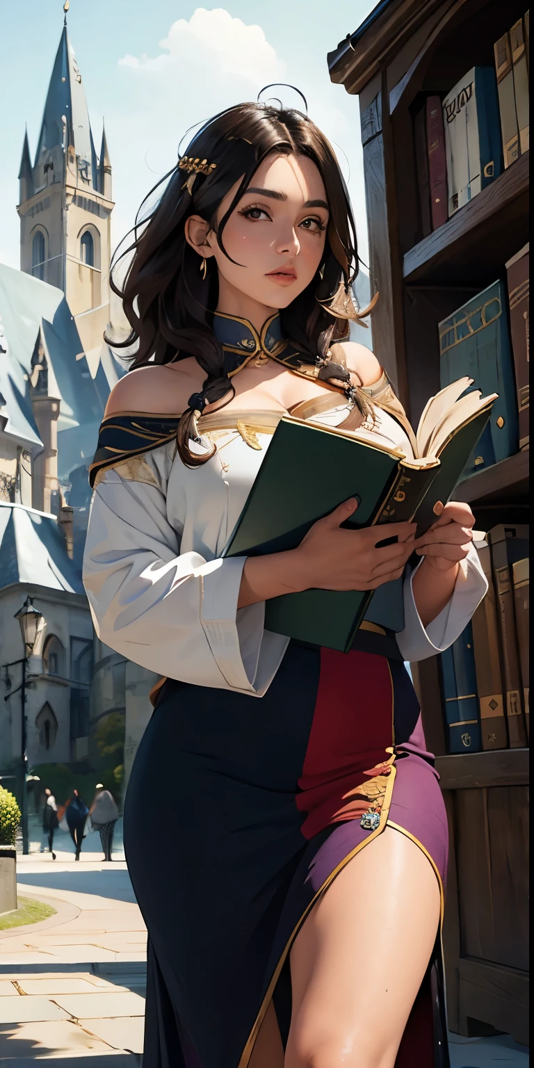 (Obra-prima, melhor qualidade:1.4) Mulher de pele morena com cabelos compridos pretos, olhos castanhos, HALF INDIGENOUS, With a book in hand. Against the backdrop of the beautiful Hogwarts library in the background. Usando roupas medievais, vestido