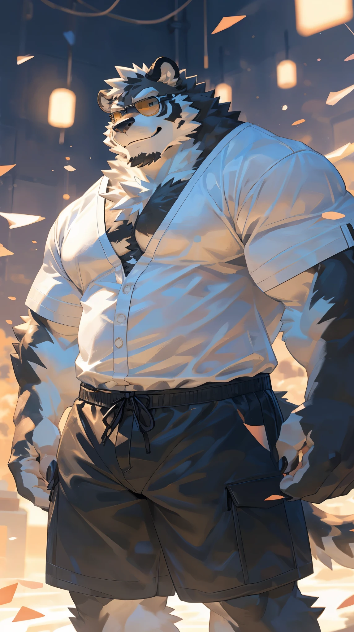 Solitary, ((Fluffy fur, Fluffy, hairy body)), detailed Fluffy fur, Delicate face, delicate Eye, Dynamic poses, (Ultra Detailed), Clear focus, Genji, Eye, hairy, (Gray-black fur:1.5), White beard, human nature (black tiger), chest hair,male, middle aged, White belly, Increase chest muscles(((muscular))), (endomorph body type:0.4), Not too fat, rest ((Black jacket,sunglasses,White T-shirt,Black swimming trunks,Exposing breasts)), ultra Delicate face, High Detail, high quality, (best quality,4K,8k,high resolution,masterpiece:1.2), (close up:1.3), author:Takemoto Arashi, From kulplant, author:The ghost of emptiness, From raccoon21, Dynamic Lighting, Smile, (whole body:1.4), Looking at the audience, eternity, close up肖像, indoorhigh resolution, 用hand托住肚子, hand.,详细的hand,咧嘴Smile
