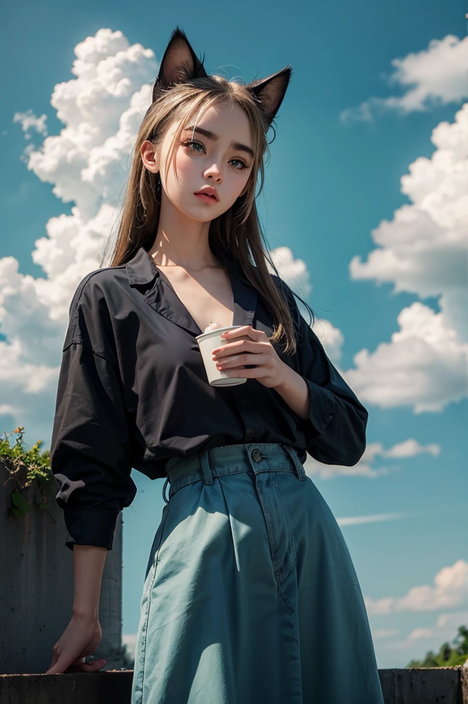 realistic Siamese cat, holding cup of coffee, blue and green eyes, cloudy blackground 