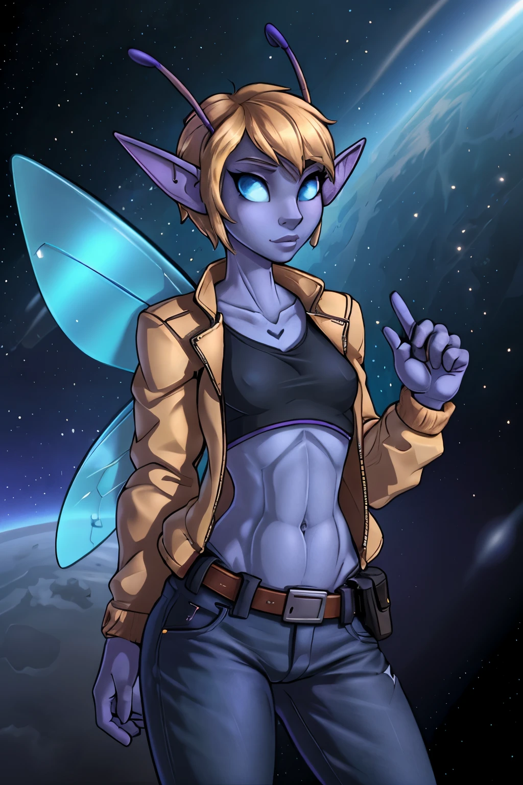 (Tomboy drow), Tomboy, pretty face, human nose, space station background, thin body, slim, fit, (long antennas:1.5), dark blonde hair, tomboy pixie cut, solid blue eyes, small breasts, adjatha, utility belt, cropped jacket, black tanktop, jean pants, SFW, blue insect wings, elf, lavender skin