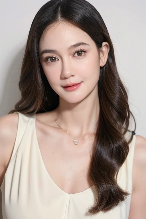 masterpiece, best quality,facing viewer, upper body,middle age female,Greek goddess's demeanor, melon seed face, ((slender eyes)), mole under eye,brown eyeballs, thin lips, black hair, very long hair, closed mouth and smile,40 year old, self-portrait, Simple background,white dress, large breast