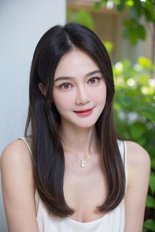 masterpiece, best quality,facing viewer, upper body,middle age female,Greek goddess's demeanor, melon seed face, ((slender eyes)), mole under eye,brown eyeballs, thin lips, black  hair, very long hair, closed mouth and smile,40 year old, self-portrait, Simple background,white dress, large breast 