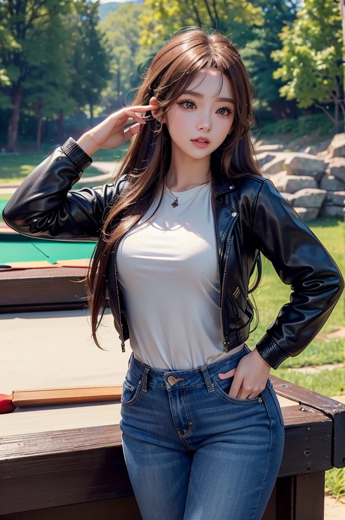 1 girl, Beautiful girl playing billiard, Exquisite eyes,Beautiful and delicate lips,Very detailed 눈과 얼굴,Long eyelashes, hippie hair, Stunning scenery,(best quality,4K,8K,high resolution,masterpiece:1.2),Very detailed,(Practical,Practical,Practical:1.37), Dynamic poses, Wearing a leather jacket and jeans,