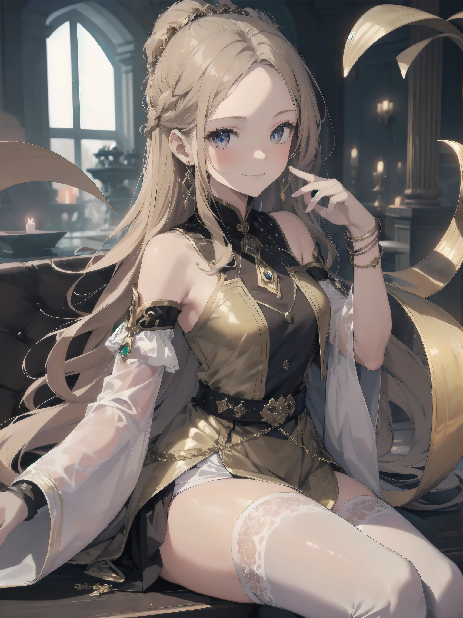 1girl, 11 years old, smile, looking at viewer, solo, gold dress, jewelry, bracelet, earring, detached sleeves, forehead, long hair, palace