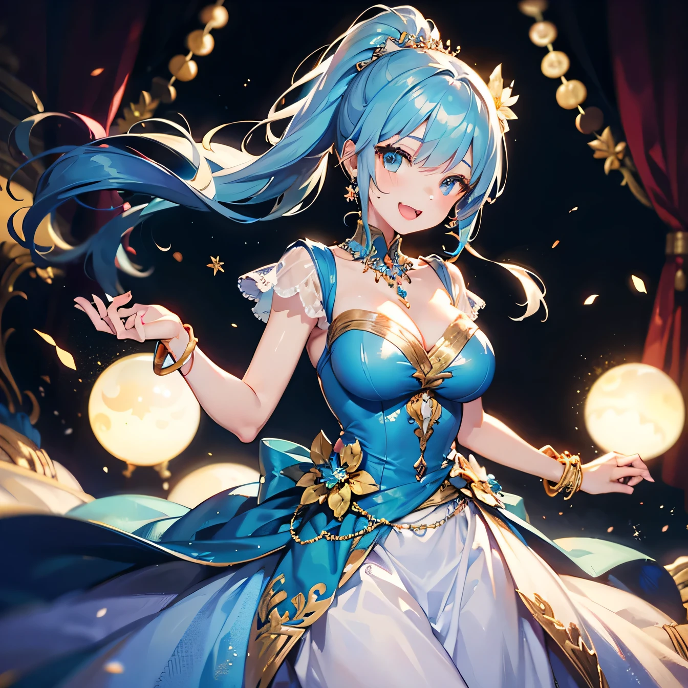 Anime Moe Art Style,highest quality,High resolution,Anatomically correct,One Girl,-teegirl with light blue hair in a ponytail,Super detailed,Fantasy-style world,Glamorous Dress,Big Breasts,Bright smile,Active,fine,Laughing with your mouth open,palace,Ballroom,Dancing happily,Eyes drawn in detail,hair ornaments,necklace,bracelet,8K