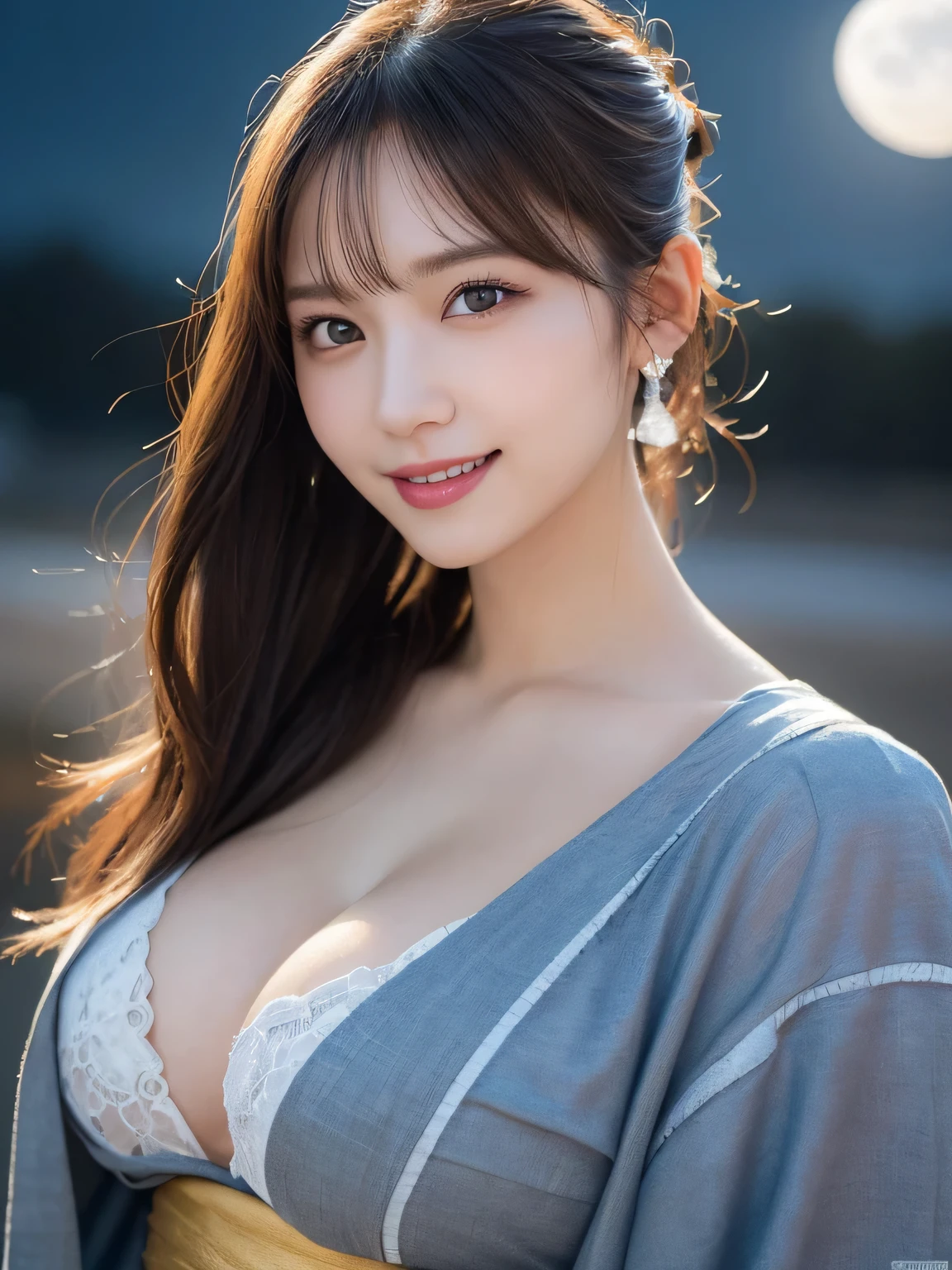 Kimono beauty, body portrait, 8K, thin and beautiful eyes, Dindal effect, masterpiece, top quality, high quality, high resolution, very detailed photo, (natural skin texture, fine skin, hyperrealism, super sharpness) , high detail skin, (very fine, fine skin texture, intricate details, ponytail, beautiful face, (real-like face), realistic eyes, beautifully detailed eyes, realistic skin, beautiful skin, hyper reality target, highly detailed, golden ratio, smiling eyes, ((night moonlight background) )), body portrait, G cup, big breasts, huge breasts, big breasts, glamorous,