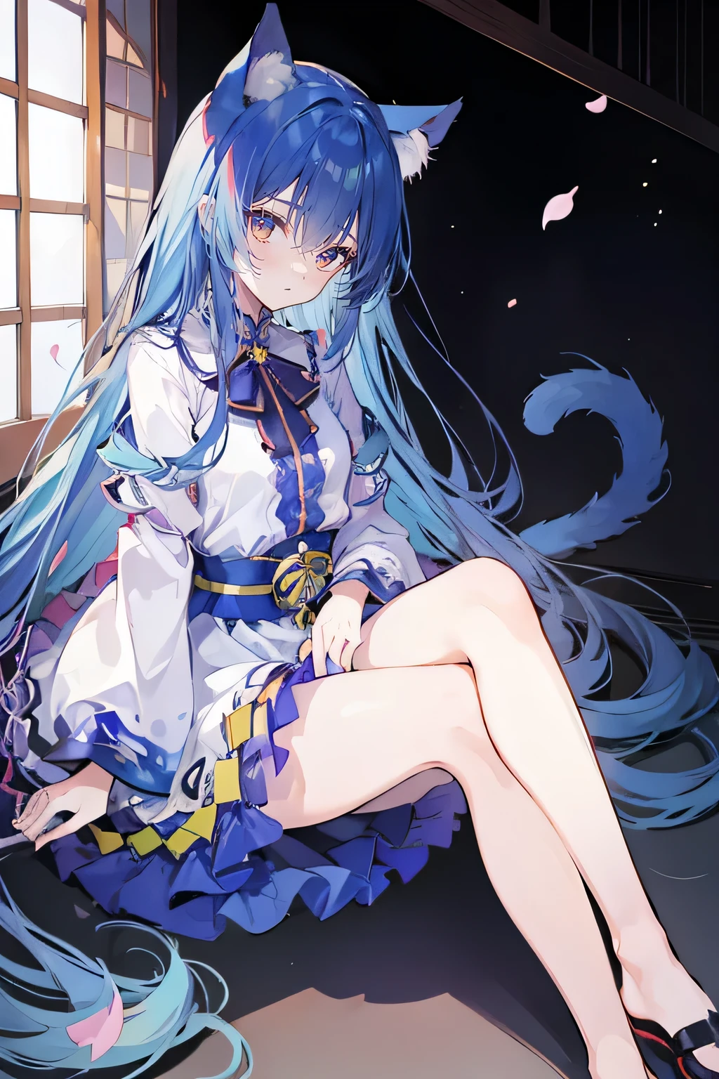 (masterpiece:1.2),Super detailed,Practical,expressive eyes,Fair skin,Perfect face shaping,1 Girl,
Japanese cartoons,Gorgeous blue hair, the long flowing blue hair,Floating clothes,Cat ears,Petals falling,beautiful lola,Young Angel,
Hands on waist,sit elegantly on the ground,Cross your legs,Gentle and peaceful background,Cool and cozy pavilion,Sunset,