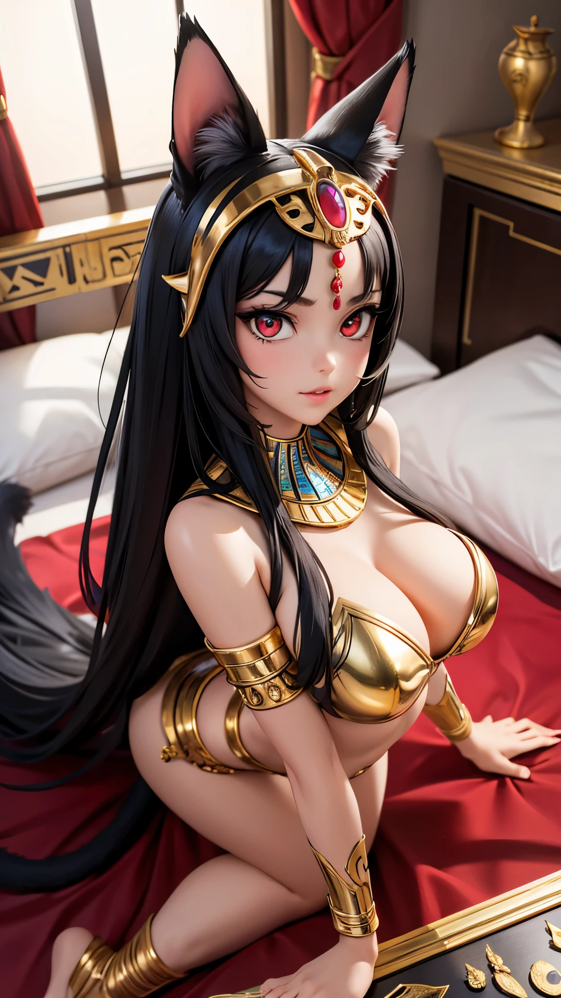 (masterpiece, best quality, highres:1.2), 1girl, solo, ultra-detailed, photorealistic anthropomorphic animal, Pharaoh, Egypt, Bastet, Egyptian goodness, pharaoh woman, cat girl, cat sphinx, onyx skin, monster girl, furry, detailed body, detailed hands, correct fingers, lying on the bed, shooting from above, Egyptian-style bedroom, luxurious silk cloth, golden jewelry, mesmerizing red eyes, mysterious aura, sharp claws, vibrant colors