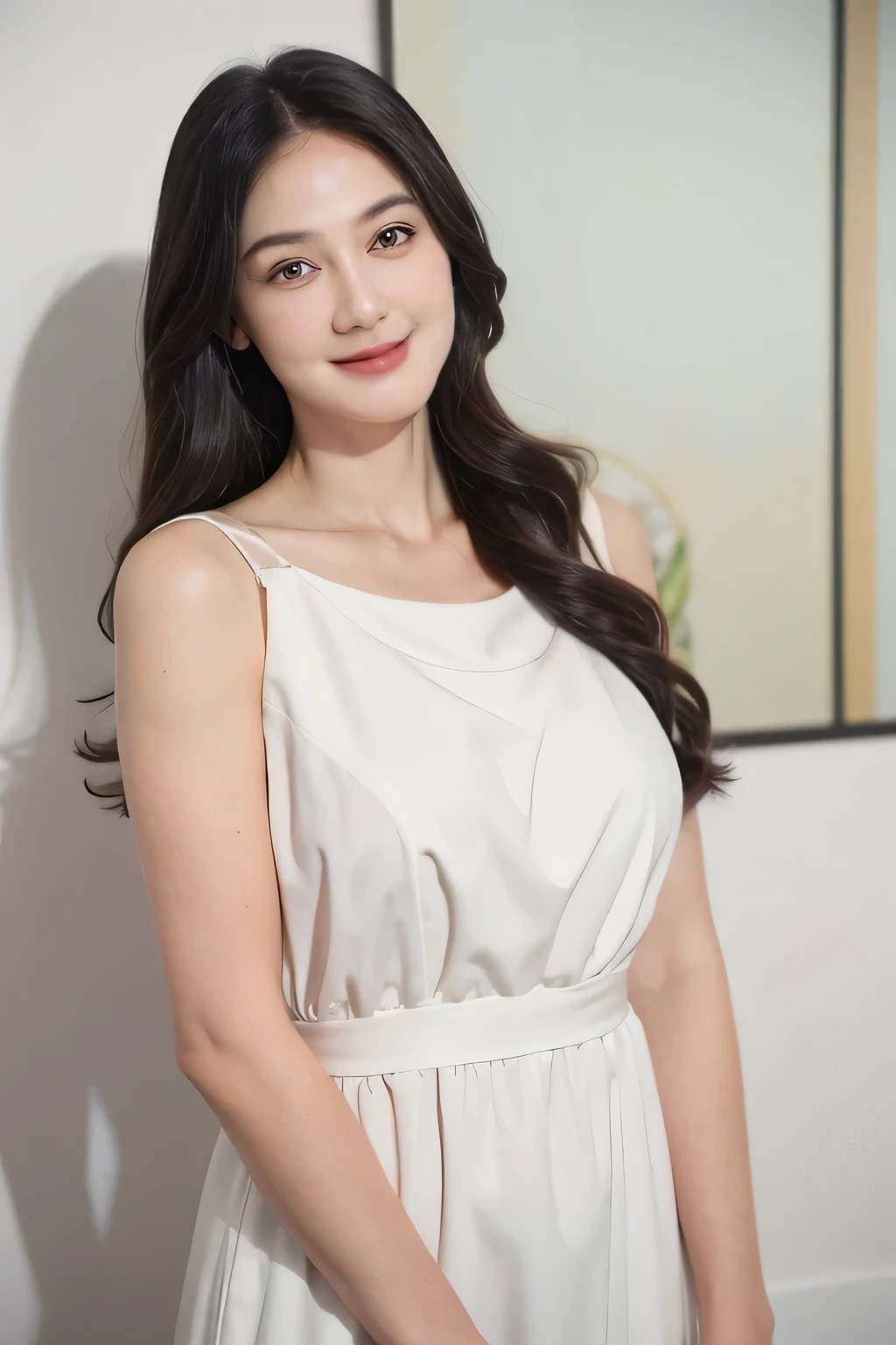 masterpiece, best quality,facing viewer, upper body,middle age female,Greek goddess's demeanor, melon seed face, ((slender eyes)), mole under eye,brown eyeballs, thin lips, black  hair, very long hair, closed mouth and smile,40 year old, self-portrait, Simple background,white dress, large breast 