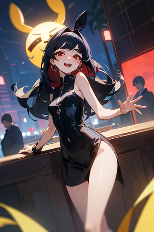 ((mejor calidad)), ((Obra maestra)), (detallado), cara perfecta, Joven de cabello negro largo y lacio, ojos rojos, pale skin, asian factions, 19 years, esbelta, busto mediano, bonitas curvas, estilo anime, elegante, only character in the image, red eyes, waiting for you, cute face, sexy, in love with the viewer, in night club, club, night, black hair, drunked, orgasm face, horny, bunny custom, sutil nipples