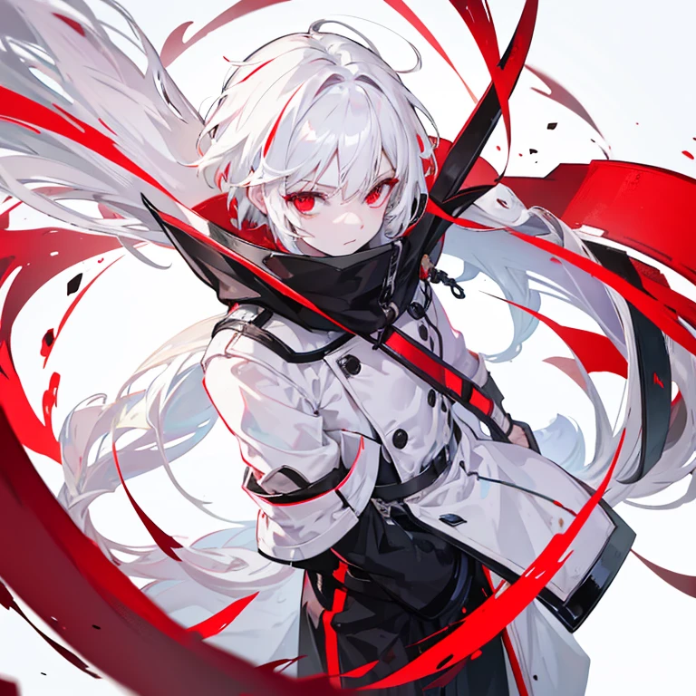 A humanoid devil,The head has red horns,Exposure,White and red long hair,woman,((Pure red background))