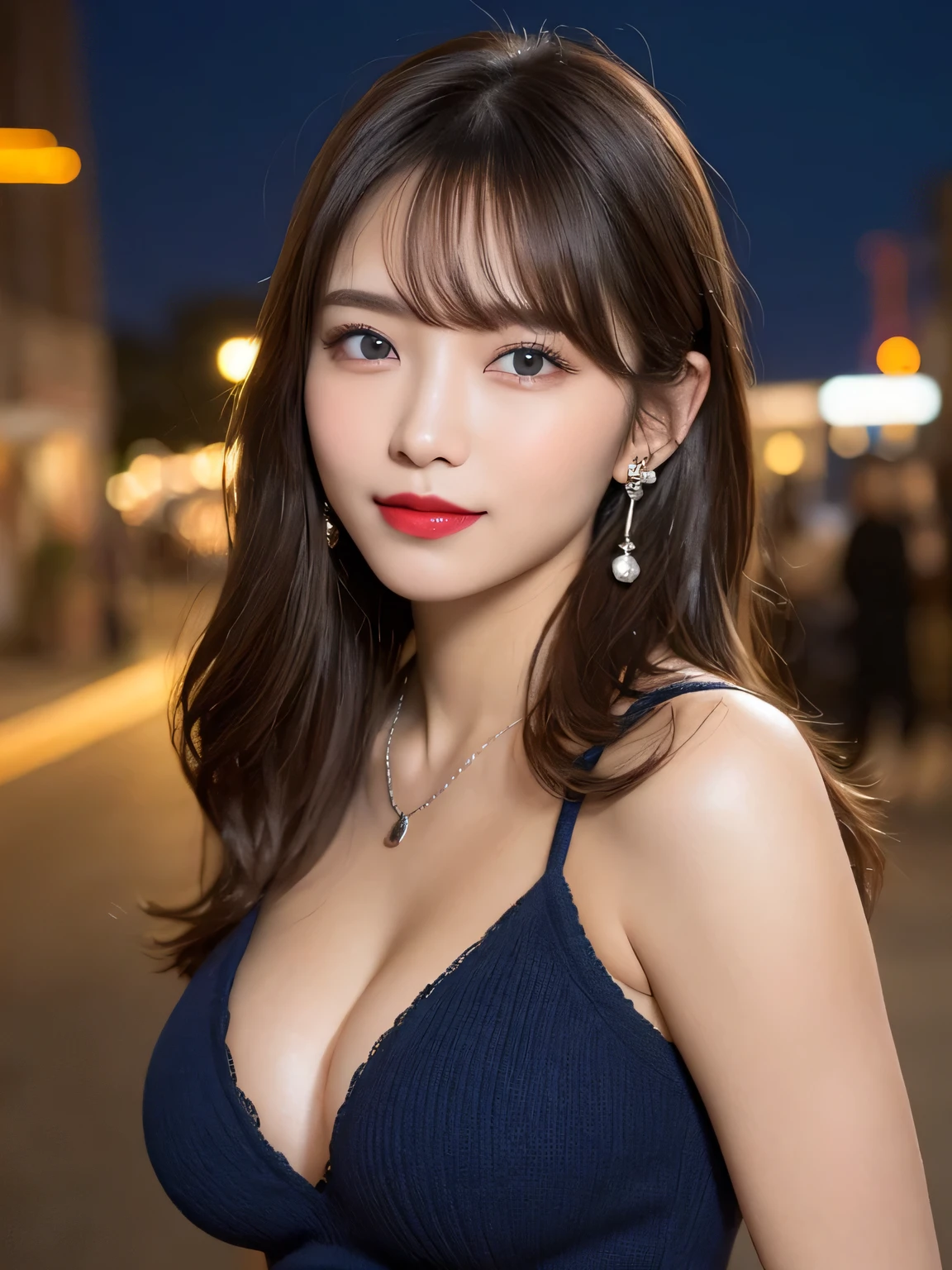 Beautiful city college girl, masterpiece, light makeup, red lips, silver hair, messy long hair, beautiful and elegant. Ultra-definition, masterpiece, realistic texture, perfect work, 16K, HD, night, cinematic lighting, exquisite features, blue eyes, Japanese idol, beautiful face, cute smile, brown hair, beautiful hair, glamorous, Big breasts, huge breasts, huge breasts, erect nipples, greasy muscles, shiny skin, tanned skin, dark skin, big eyes, smooth skin, earrings, necklaces, tattoos, super sexy body, tanned big breasts, wet, thin knit dress , cleavage,