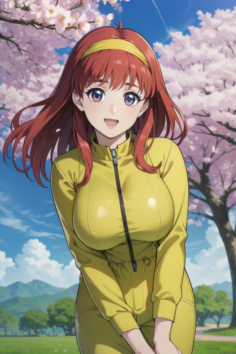 (Very beautiful face and eyes:1.2),(Laugh together),((Big Breasts))、The wind is blowing、
Beautiful feet,Bungee jumpsuit、,Redhead、Yellow headband、cherry blossoms、
(highest quality,masterpiece:1.2),1 girl,Looking at the audience,
Natural light,Hair blowing in the wind,Beautifully detailed skies,