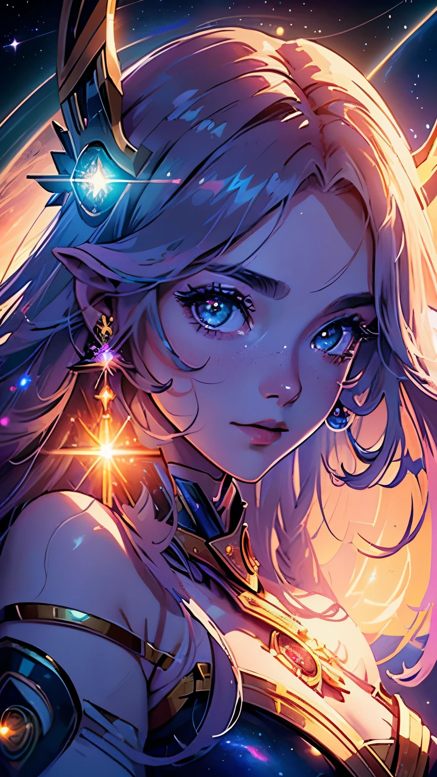 (close-up,detailed)(goddess of time)(clock background),(space,cosmos),(stellar lights,dimming stars,celestial atmosphere,galactic hues),(best quality,ultra-detailed,realistic),(cosmos art,mythological art),(vibrant colors,cosmic tones),(soft,subtle,dreamy lighting), superero
