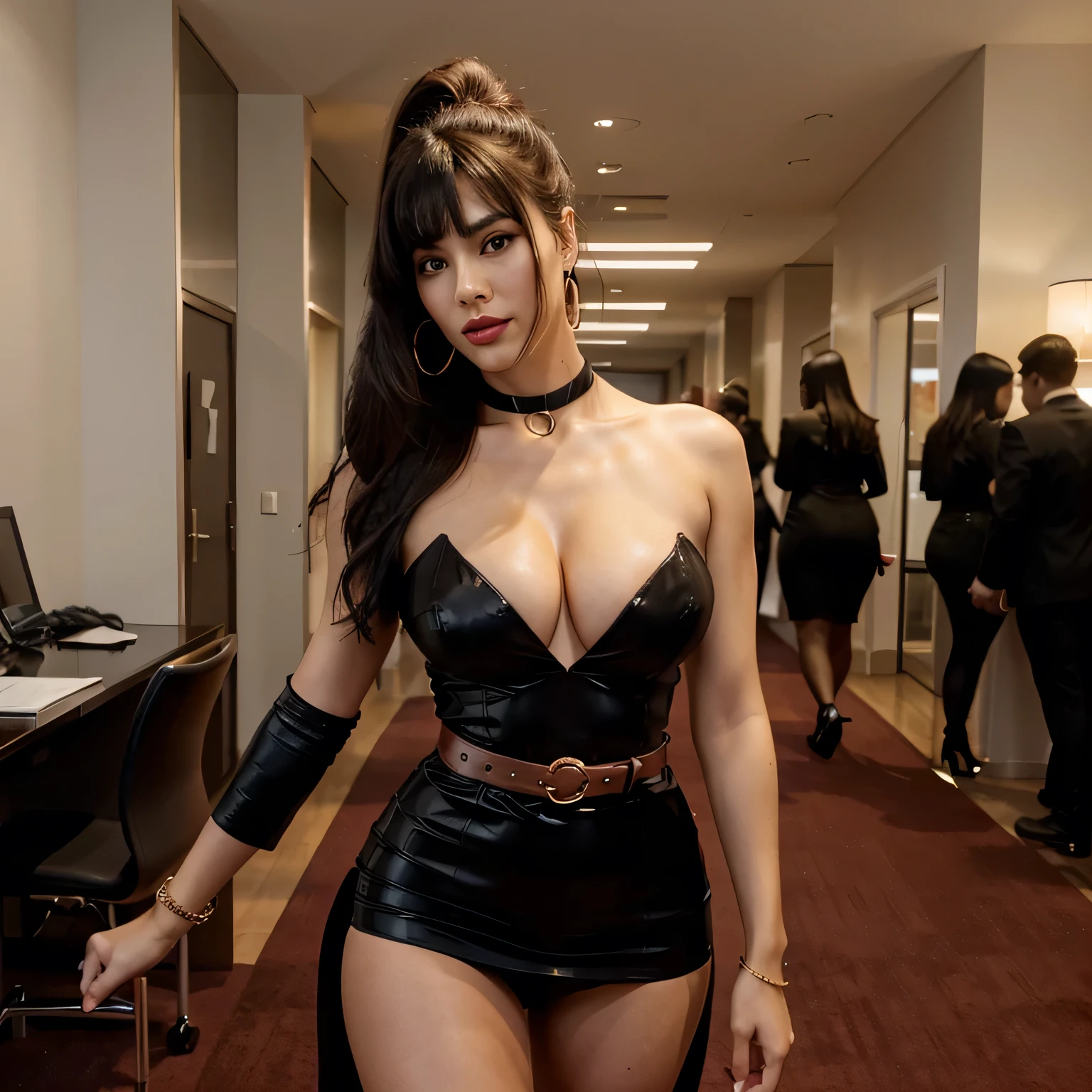 A beautiful hyperreal woman who represents Sailor Moon. Black hair, very big breasts, giant butt, tiny waist. Her face has Japanese anime features. She has long straight black hair down to her waist. Bangs: She has short, blunt bangs that frame her face and curve to the sides. She wears a sleek, form-fitting pencil dress crafted from luxurious white satin, exuding sophistication and power. The dress features a plunging neckline, accentuating her curves, while structured shoulder pads add an element of authority and strength. A thigh-high slit up one side of the dress reveals a glimpse of her toned leg, adding a touch of seduction to the ensemble. Complementing the dress, she wears a tailored blazer in a vibrant shade of crimson red, adorned with gold buttons and sleek lapels. The blazer cinches at the waist with a wide belt, accentuating her hourglass figure and commanding presence. Her accessories include statement jewelry pieces, such as oversized gold hoop earrings and a chunky chain-link necklace, adding a hint of glamour to the look. She carries a structured leather handbag in a matching crimson red hue, exuding elegance and sophistication. For makeup, she opts for a bold and confident look, with a deep crimson red lip and winged eyeliner, accentuating her piercing gaze. Her hair is styled in a sleek, voluminous updo, adding height and elongating her silhouette. With an expression that exudes confidence and allure, she commands attention as she strides through the sleek, modern corridors of a high-rise office building. Her aura of glamour and authority is undeniable, making her a force to be reckoned with in the corporate world.