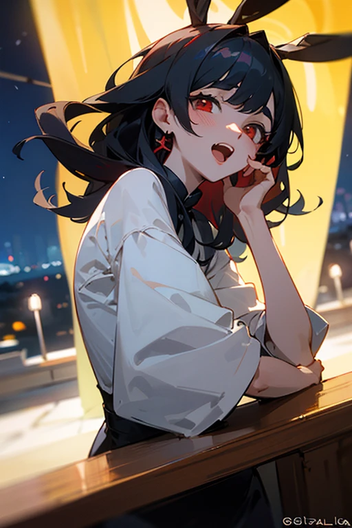 ((mejor calidad)), ((Obra maestra)), (detallado), cara perfecta, Joven de cabello negro largo y lacio, ojos rojos, pale skin, asian factions, 19 years, esbelta, busto mediano, bonitas curvas, estilo anime, elegante, only character in the image, red eyes, waiting for you, cute face, sexy, in love with the viewer, in night club, club, night, black hair, drunked, orgasm face, horny, bunny custom