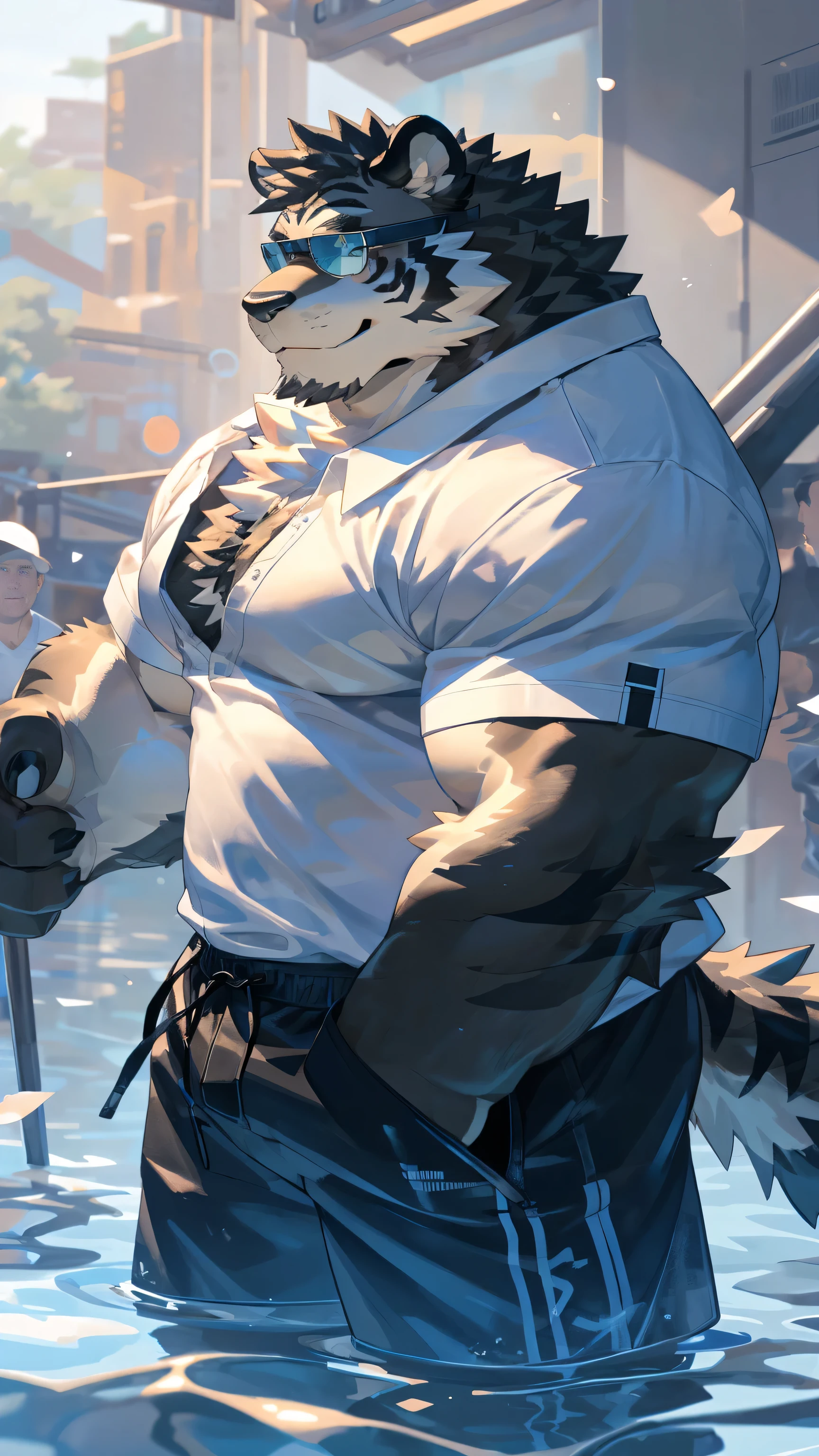 Solitary, ((Fluffy fur, Fluffy, hairy body)), detailed Fluffy fur, Delicate face, delicate Eye, Dynamic poses, (Ultra Detailed), Clear focus, Genji, Eye, hairy, (Gray-black fur:1.5), White beard, human nature (black tiger), chest hair,male, middle aged, White belly, Increase chest muscles(((muscular))), (endomorph body type:0.4), Not too fat, rest ((Black jacket,sunglasses,White T-shirt,Black swimming trunks,Exposing breasts)), ultra Delicate face, High Detail, high quality, (best quality,4K,8k,high resolution,masterpiece:1.2), (close up:1.3), author:Takemoto Arashi, From kulplant, author:The ghost of emptiness, From raccoon21, Dynamic Lighting, Smile, (whole body:1.4), Looking at the audience, eternity, close up portrait, indoorhigh resolution, Hold your belly with your hands, hand.,Detailed hand,Smile