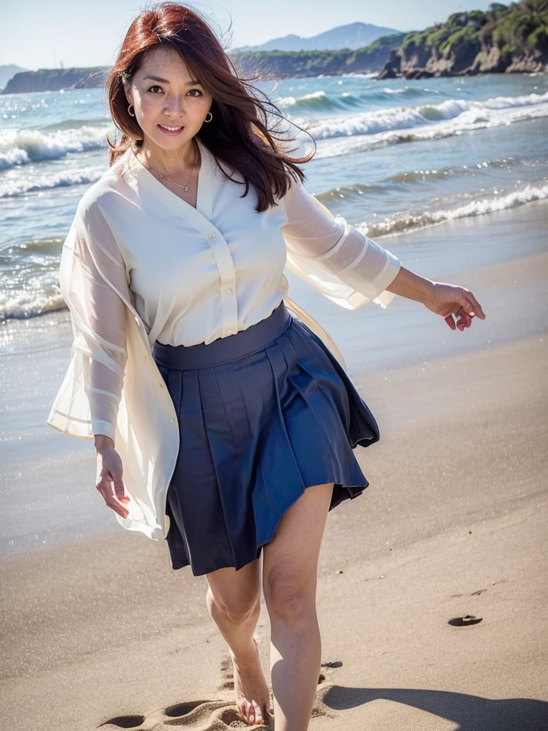 ((Top Quality)), ((8K)), ((Masterpiece: 1.3)), (Perfect Appearance), (Photorealism: 1.6), (Japanese woman walking on the beach: 1.4), (sandy beach at sunset), japanese woman, (48 years old), (back view), ((Standing upright, facing forward, center of screen)), ((Realistic skin texture)), (Fine wrinkles throughout the skin), (Dull skin), (Skin without moisture) , (Wrinkles on the face), (Wrinkles on the corners of the eyes), Double eyelids, tear bags on the lower eyelids, The eyes are looking here, serious gaze, smile with the corners of the mouth raised wide, straight medium length, hair fluttering in the wind, soft fabric blouse, (through white blouse: 1.3), (Plump and glamorous body), (wide sleeves), (Cuffs that fit your wrist), (The hem of the blouse is tucked into the skirt: 1.2), flare skirt, (Bare feet wet with seawater), (face close-up: 1.3), Angle from feet: 1.2,