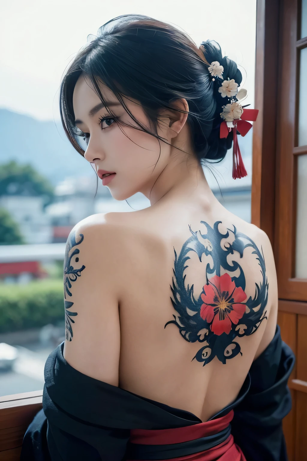 masterpiece, top quality, best quality, official art, beautiful and aesthetic:1.2),1girl, tattoo, solo, japanese clothes, red and black kimono, hair ornament, unsheathing, black hair, sheath, back tattoo, dragon tattoo, blue eyes, off shoulder, bare shoulders, looking back, from behind, flower, looking at viewer, holding, makeup, outdoor,