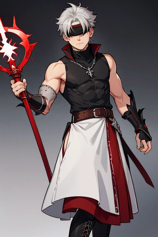 male, grey skin, silver hair, (((1boy))), (((white sleeveless tunic with red trim))), (black long skirt), (black metal boots), (black metal clawed gauntlets), (brown belt), (blindfold), slightly muscular, holding staff