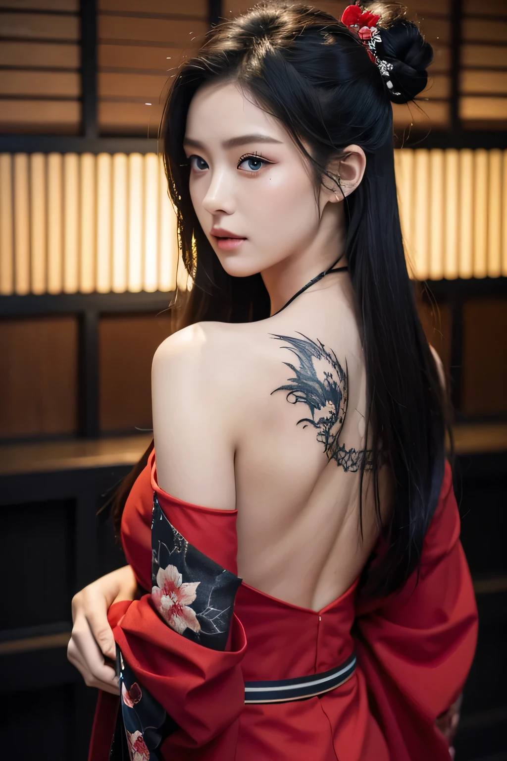 masterpiece, top quality, best quality, official art, beautiful and aesthetic:1.2),1girl, tattoo, solo, japanese clothes, red and black kimono, hair ornament, unsheathing, black hair, sheath, back tattoo, dragon tattoo, blue eyes, off shoulder, bare shoulders, looking back, from behind, flower, looking at viewer, holding, makeup, outdoor,