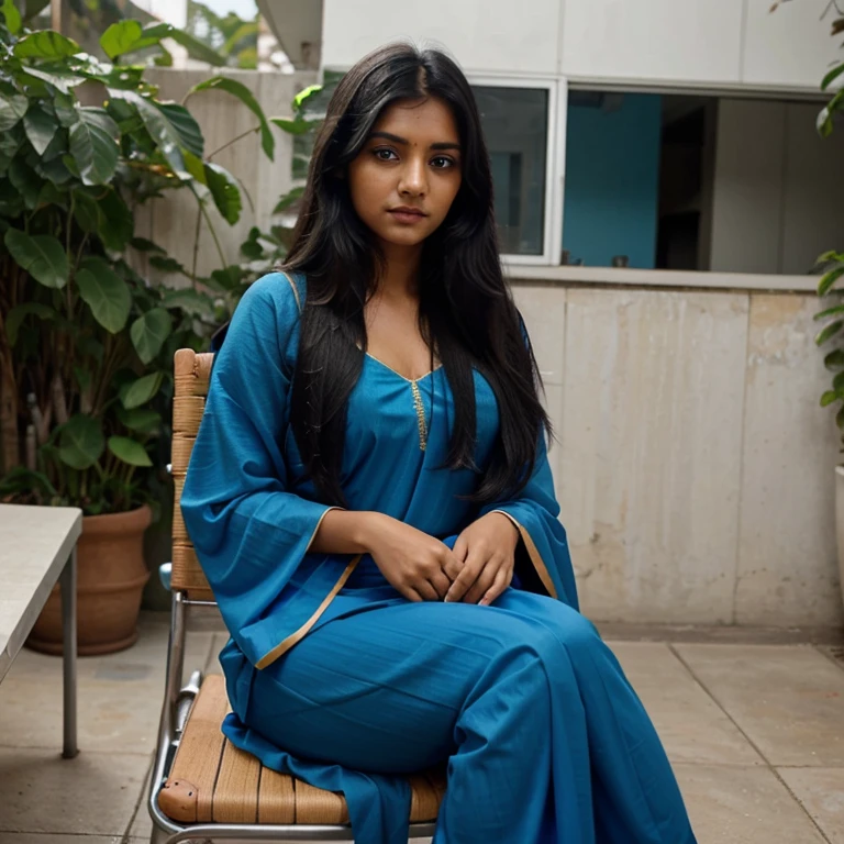 Indian girl wearing saree of blue colour, long black hair sitting at chair with light blue eyes skin tone of wheatish colour looking at angle of camera 