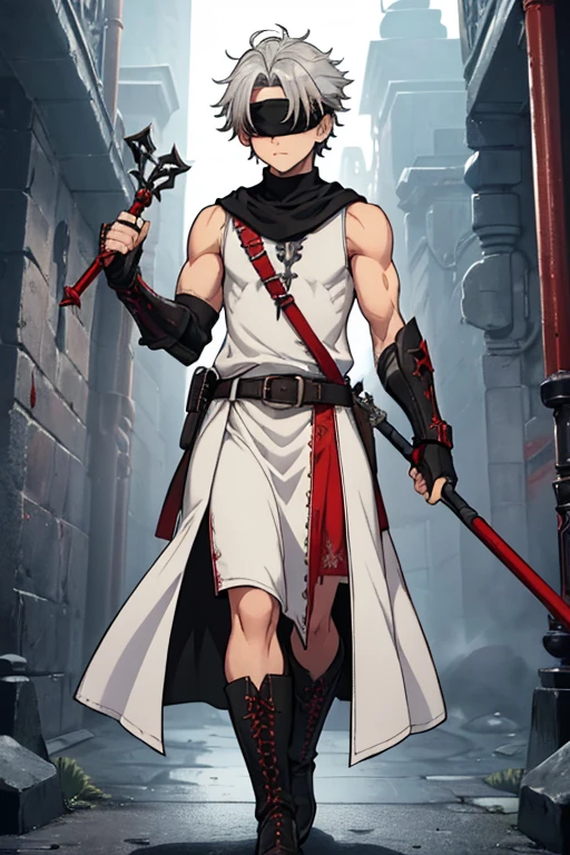 male, grey skin, silver hair, (((1boy))), (((white sleeveless tunic with red trim))), (black long skirt), (black metal boots), (black metal clawed gauntlets), (brown belt), (blindfold), slightly muscular, holding staff