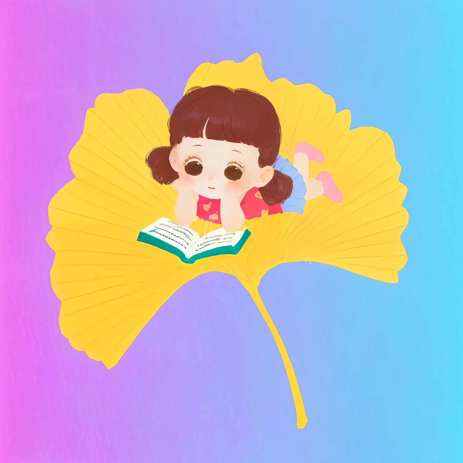 There is a girl reading on the leaves, colorful kids Book Illustrations, kids Book Illustrations, childrenBook Illustrations, children Book Illustrations, cute storyBook Illustrations, childrens Book Illustrations, children's Book Illustrations, children’s Book Illustrations, Girl with a wreath, Storybook illustration, Children's book style, Book Illustrations, story Book Illustrations, children illustration