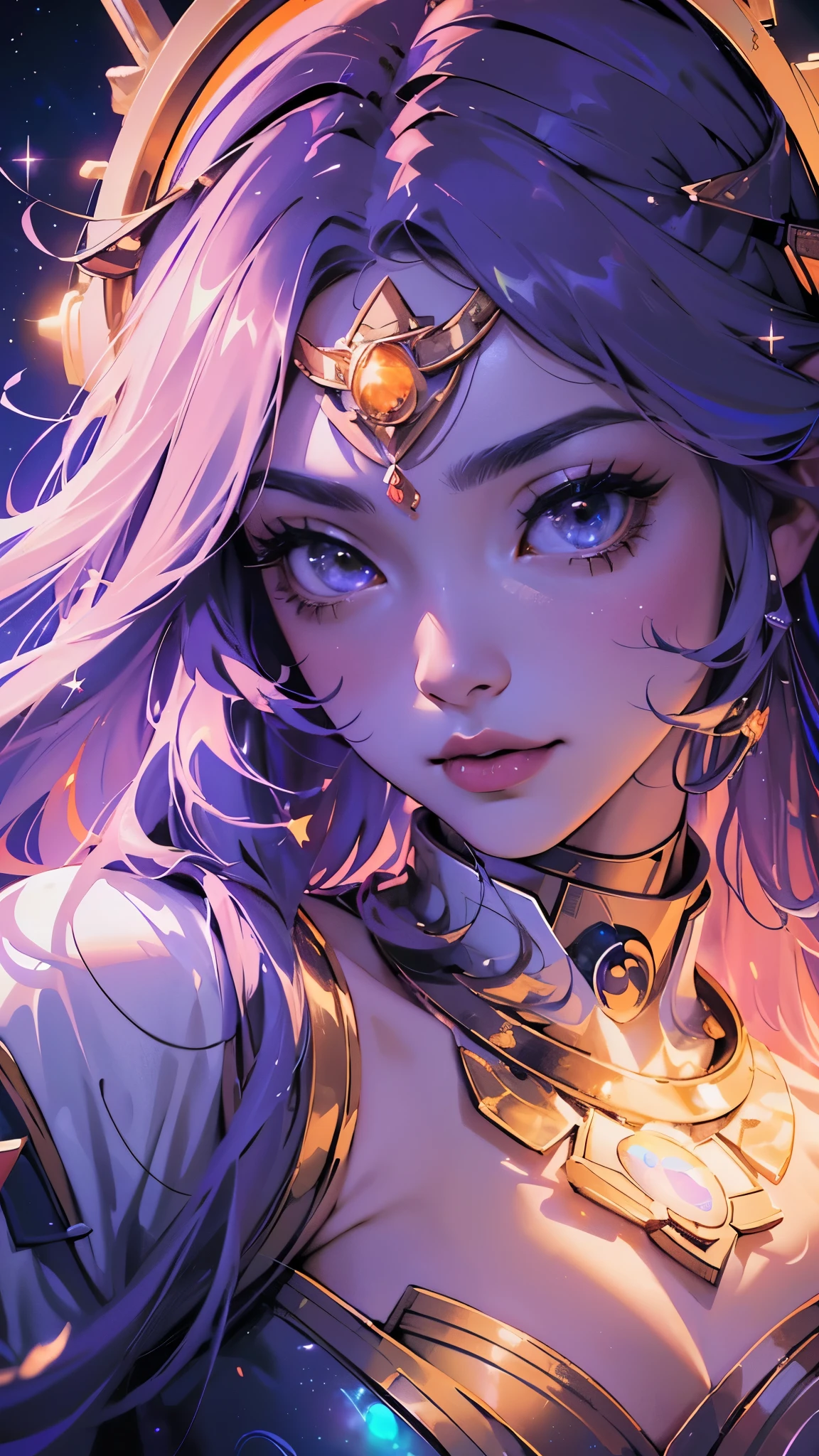 (close-up,detailed)(goddess of time)(clock background),(space,cosmos),(stellar lights,dimming stars,celestial atmosphere,galactic hues),(best quality,ultra-detailed,realistic),(cosmos art,mythological art),(vibrant colors,cosmic tones),(soft,subtle,dreamy lighting)
