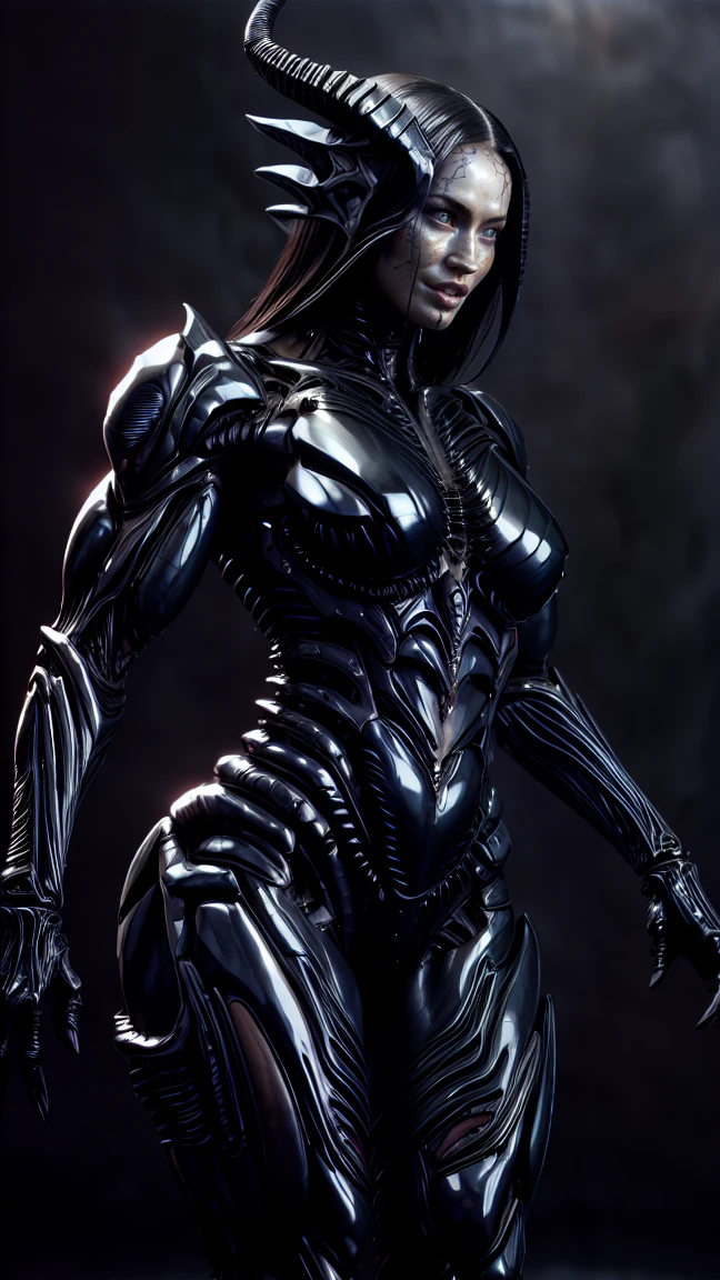 (draconic alien biomechanical succubus with carnage & witchblade physique:1.5), (megan fox as a muscular alien draconic biomechanical demonic woman with flayed skin, gigantic horns, & necrotic metallic muscle:1.5), (witchblade muscular anatomy:1.25), (perfect fingers:1.25), ((wide shoulders & upper body:1.25)), (very skinny legs:1), (huge muscular arms:1.25), (ten pack abs:1.25), (full body view:1.25), choker, detailed eyes, (looking at viewer), (smile:1.25), (blank dark background:1.25), in the art style of H.P. Giger, (beautiful girl face:1.25)
