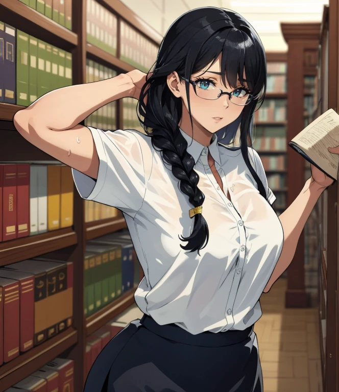 (library)、Super detailed illustrations、Super precise expression、masterpiece、highest quality、ultra high resolution、high resolution、(Sweat、body fluid)、shiny skin、(black hair、long hair、Braid、glasses)、shirt、Standing picture、skirt、hands behind、