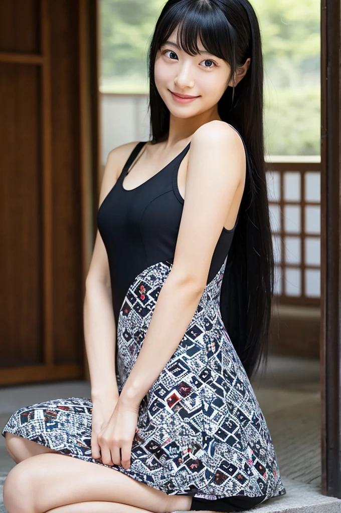 Long black hair、Cute Japanese Woman、Wearing a one-piece dress、