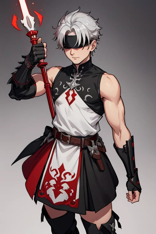 male, grey skin, silver hair, (((1boy))), (((white sleeveless tunic with red trim))), (black long skirt), (black metal boots), (black metal clawed gauntlets), (brown belt), (blindfold), slightly muscular, holding staff